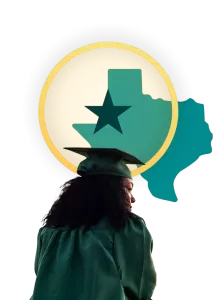 Graduate in cap and gown in front of a Texas silhouette and star.