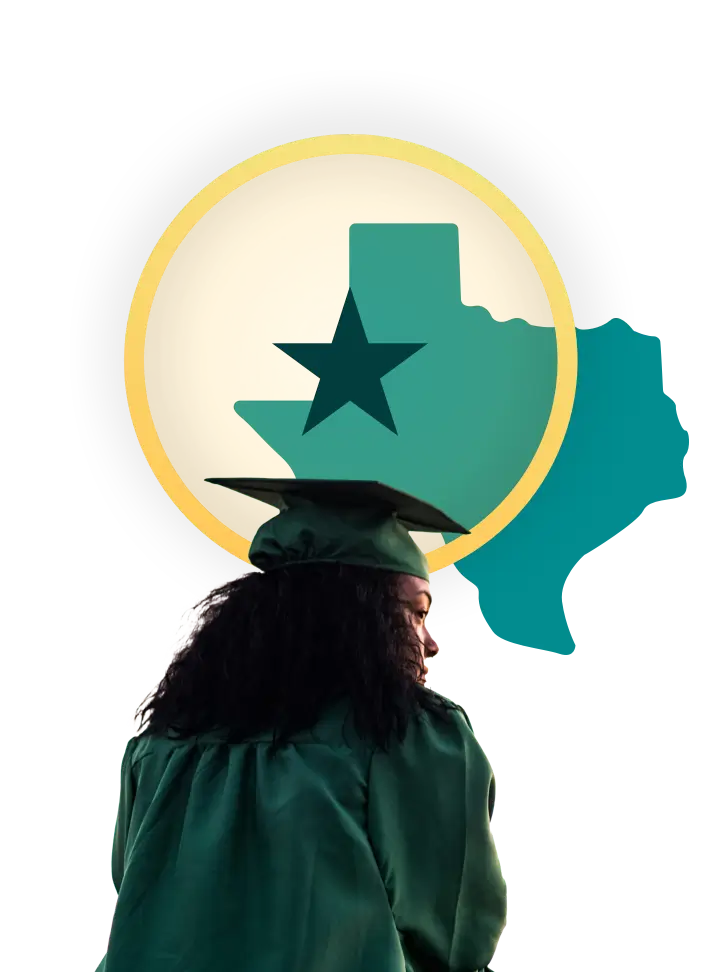 Graduate in cap and gown in front of a Texas silhouette and star.