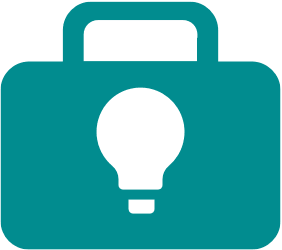 Teal briefcase icon with a light bulb symbol.