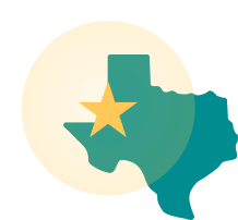 Teal silhouette of Texas with a gold star over a yellow circle.